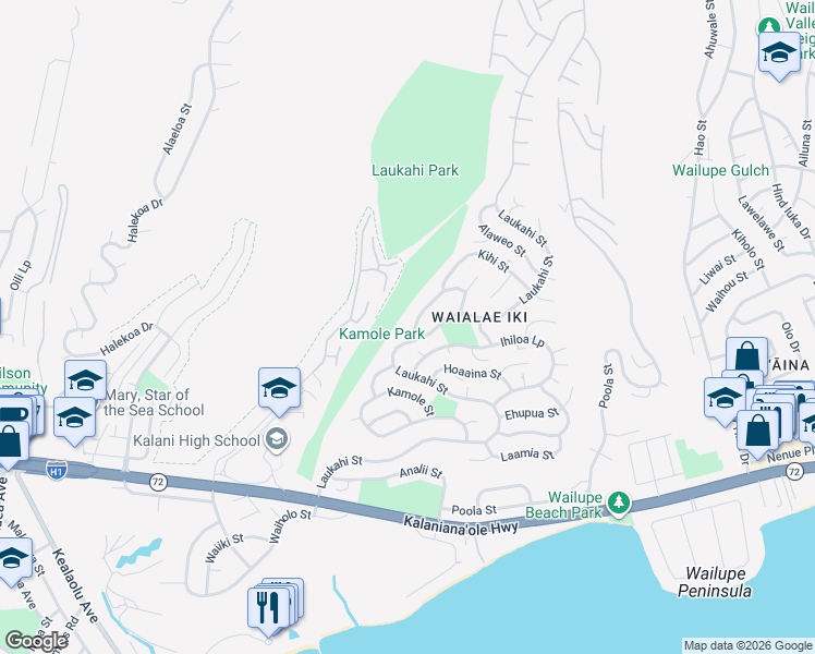 map of restaurants, bars, coffee shops, grocery stores, and more near 1714 Kumakani Loop in Honolulu