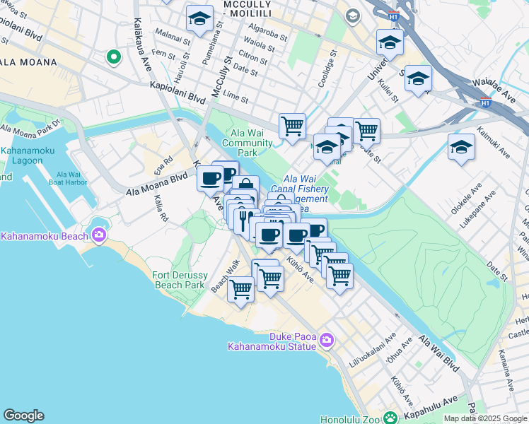 map of restaurants, bars, coffee shops, grocery stores, and more near 434 Launiu Street in Honolulu