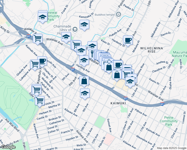 map of restaurants, bars, coffee shops, grocery stores, and more near 1060 8th Avenue in Honolulu