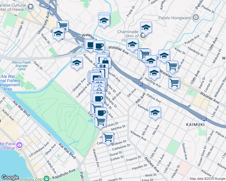map of restaurants, bars, coffee shops, grocery stores, and more near 3171 Charles Street in Honolulu
