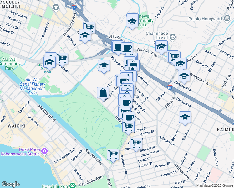 map of restaurants, bars, coffee shops, grocery stores, and more near 821 Ekela Avenue in Honolulu