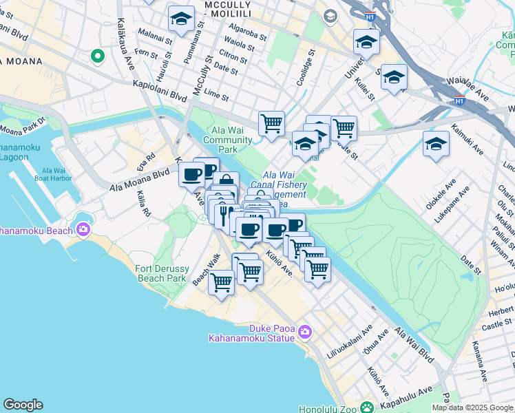 map of restaurants, bars, coffee shops, grocery stores, and more near 2121 Ala Wai Boulevard in Honolulu