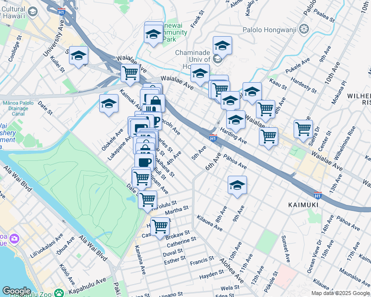 map of restaurants, bars, coffee shops, grocery stores, and more near 909 4th Avenue in Honolulu