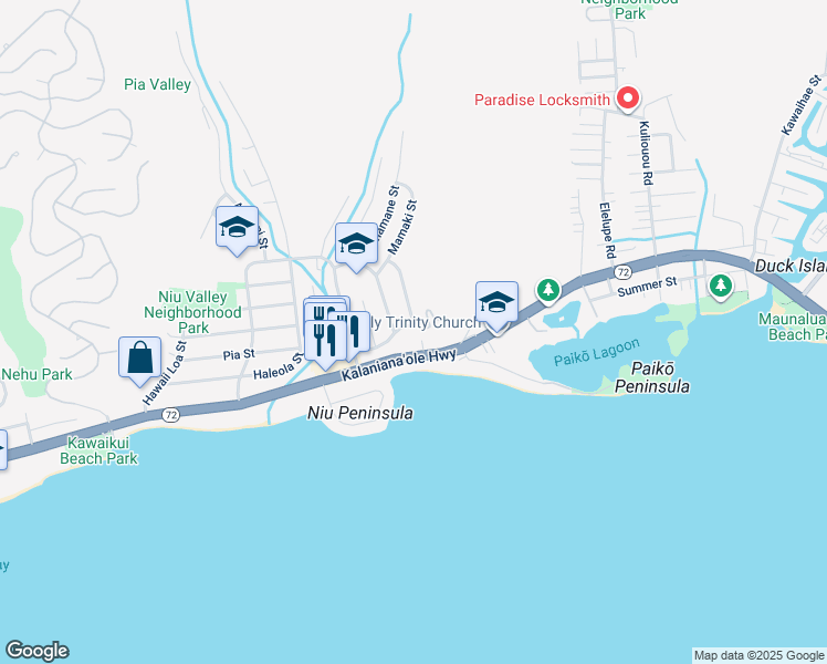 map of restaurants, bars, coffee shops, grocery stores, and more near 5855 Mahimahi Street in Honolulu