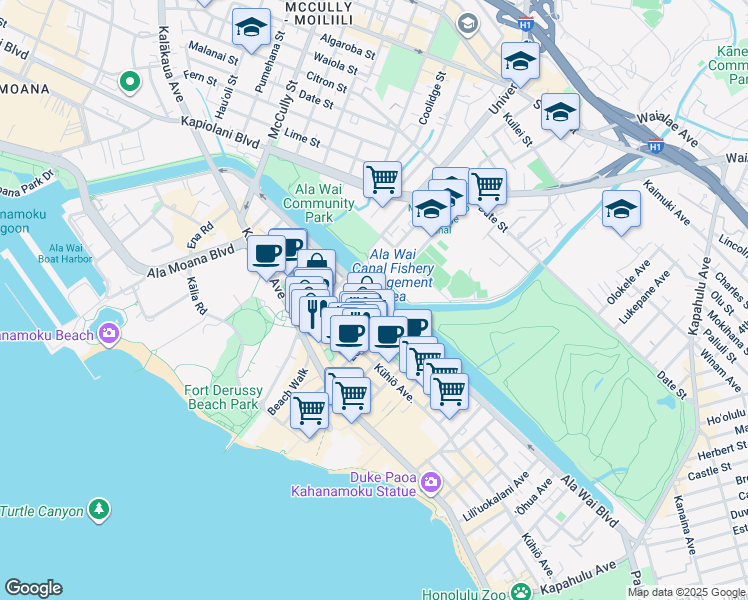 map of restaurants, bars, coffee shops, grocery stores, and more near Ala Wai Boulevard & Kaiolu Street in Honolulu