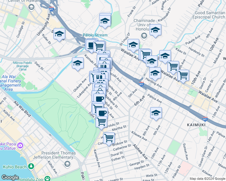 map of restaurants, bars, coffee shops, grocery stores, and more near 3167 Charles Street in Honolulu