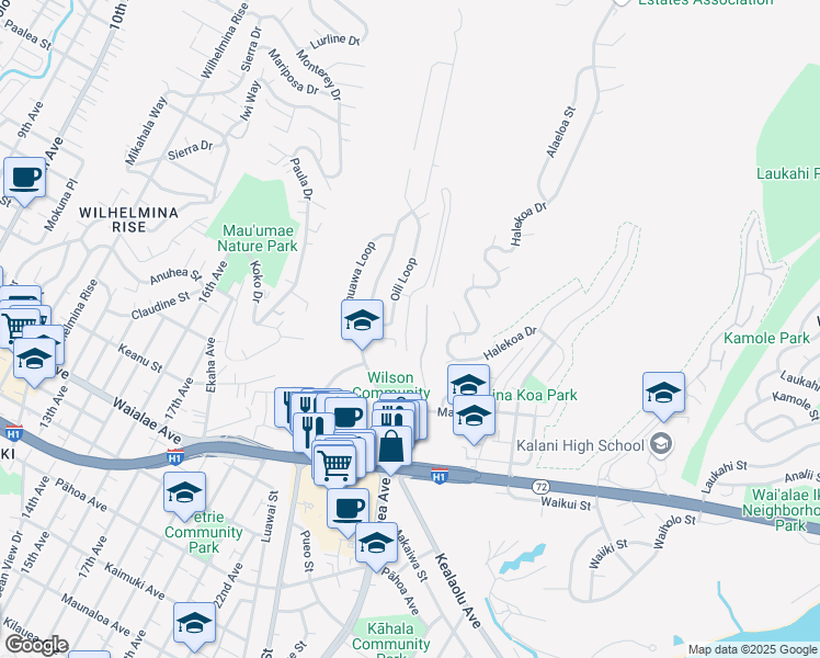 map of restaurants, bars, coffee shops, grocery stores, and more near 1431 Hiikala Place in Honolulu