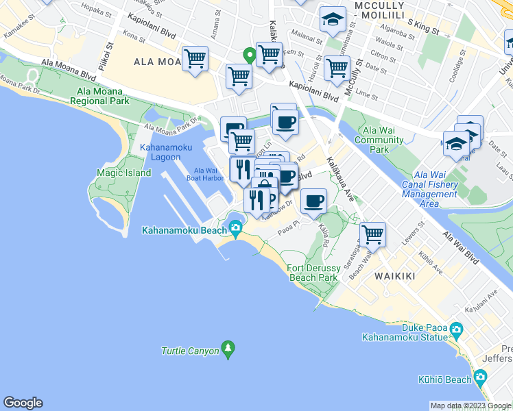 map of restaurants, bars, coffee shops, grocery stores, and more near 2003 Kalia Road in Honolulu
