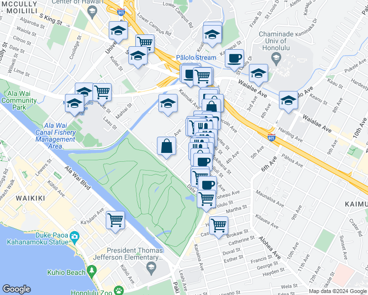 map of restaurants, bars, coffee shops, grocery stores, and more near 2842 Winam Avenue in Honolulu