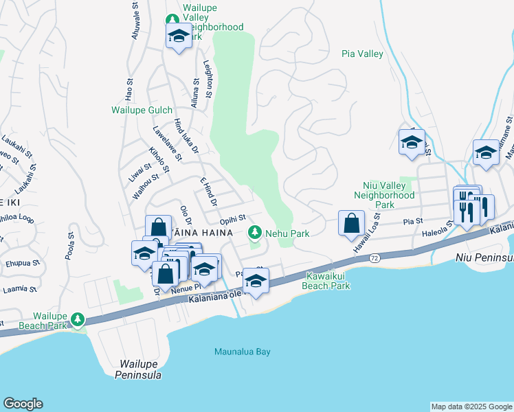 map of restaurants, bars, coffee shops, grocery stores, and more near 5383 Manauwea Street in Honolulu
