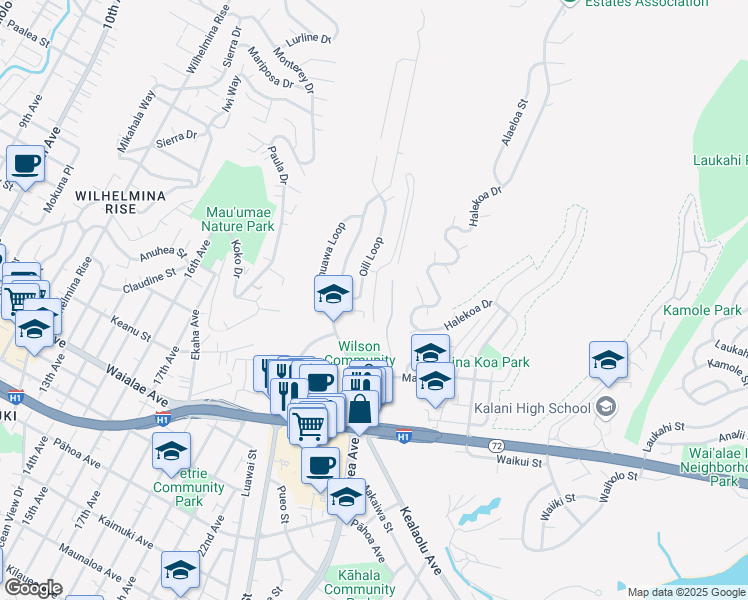 map of restaurants, bars, coffee shops, grocery stores, and more near 1431 Hiikala Place in Honolulu