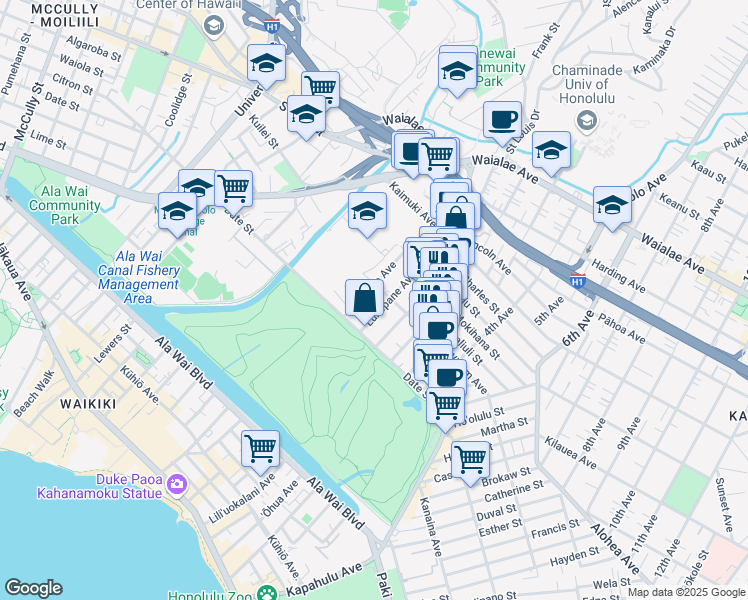 map of restaurants, bars, coffee shops, grocery stores, and more near 2823 Winam Avenue in Honolulu