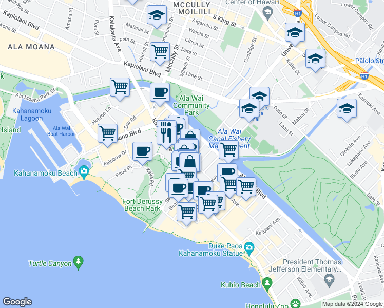 map of restaurants, bars, coffee shops, grocery stores, and more near 417 ʻOlohana Street in Honolulu