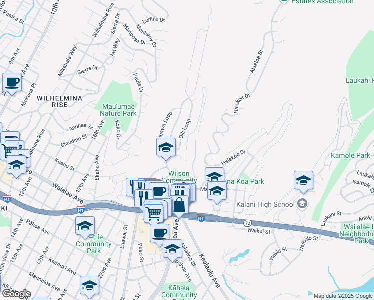 map of restaurants, bars, coffee shops, grocery stores, and more near 1431 Hiikala Place in Honolulu