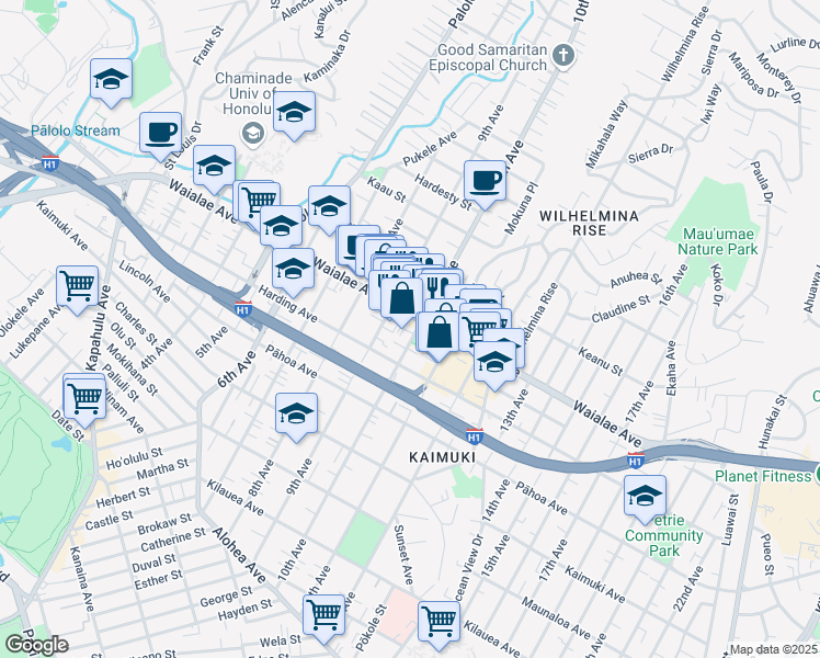 map of restaurants, bars, coffee shops, grocery stores, and more near 3465 Waialae Avenue in Honolulu