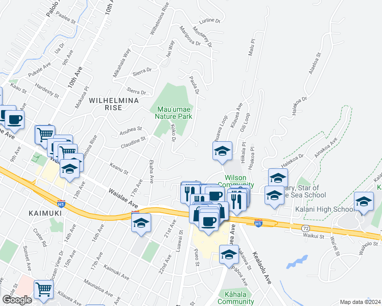 map of restaurants, bars, coffee shops, grocery stores, and more near 4118 Napali Place in Honolulu