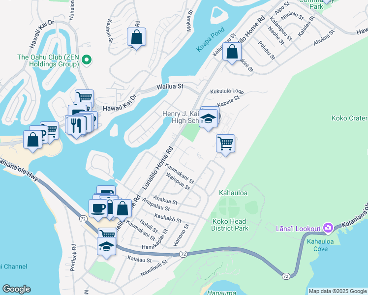 map of restaurants, bars, coffee shops, grocery stores, and more near 470 Kekauluohi Street in Honolulu