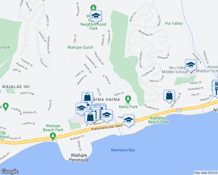 map of restaurants, bars, coffee shops, grocery stores, and more near 348 East Hind Drive in Honolulu