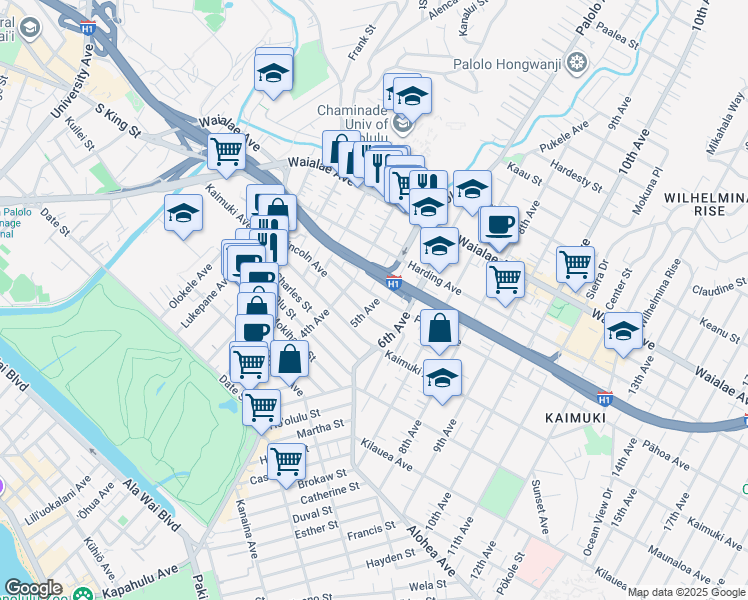 map of restaurants, bars, coffee shops, grocery stores, and more near 3237 Pāhoa Avenue in Honolulu