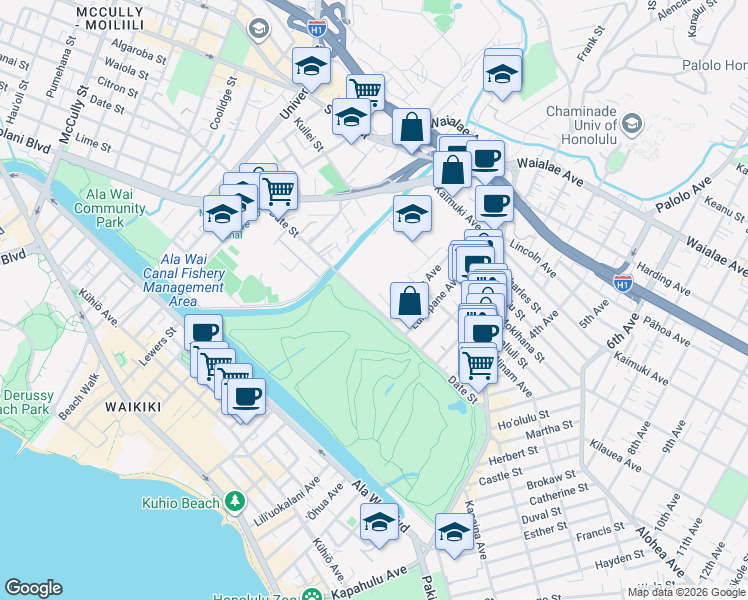 map of restaurants, bars, coffee shops, grocery stores, and more near 2724 Date Street in Honolulu