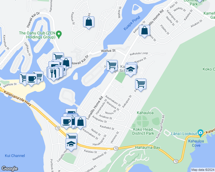 map of restaurants, bars, coffee shops, grocery stores, and more near 434 Kaleimamahu Street in Honolulu
