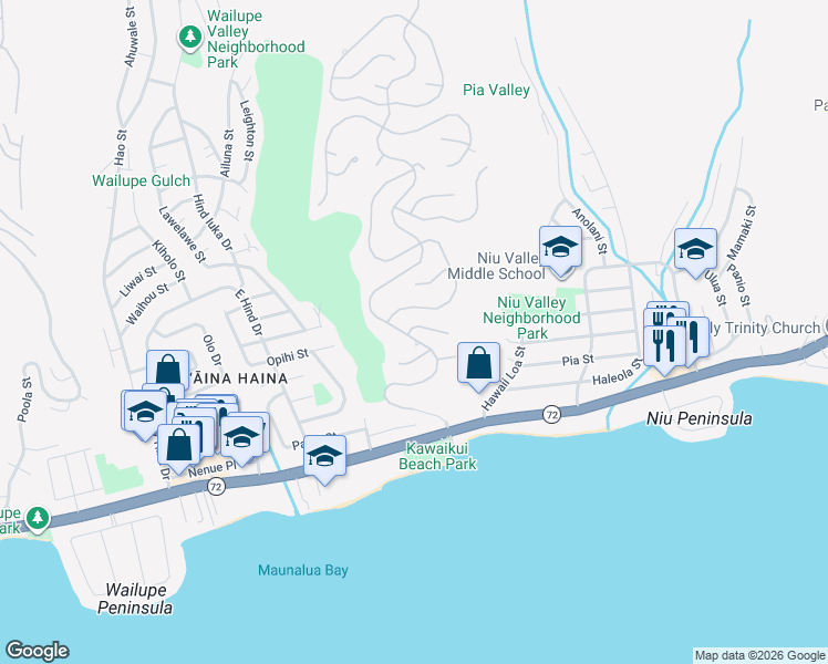 map of restaurants, bars, coffee shops, grocery stores, and more near 352 Lelekepue Place in Honolulu