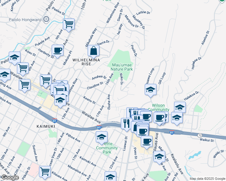 map of restaurants, bars, coffee shops, grocery stores, and more near 1421 Ekaha Avenue in Honolulu