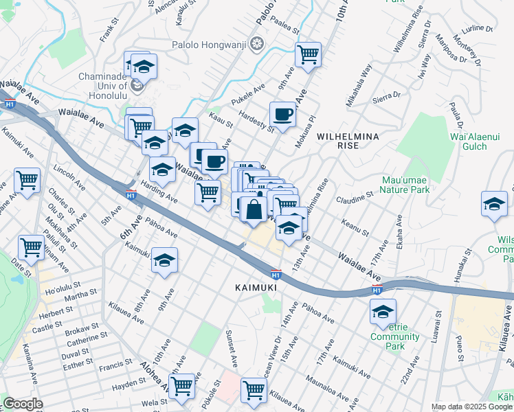 map of restaurants, bars, coffee shops, grocery stores, and more near 3538 Waialae Avenue in Honolulu