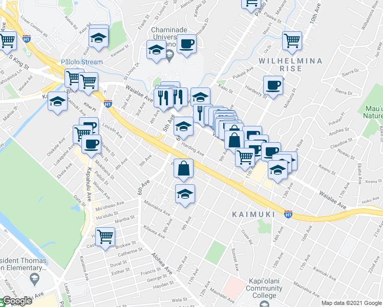 map of restaurants, bars, coffee shops, grocery stores, and more near 1042 7th Avenue in Honolulu