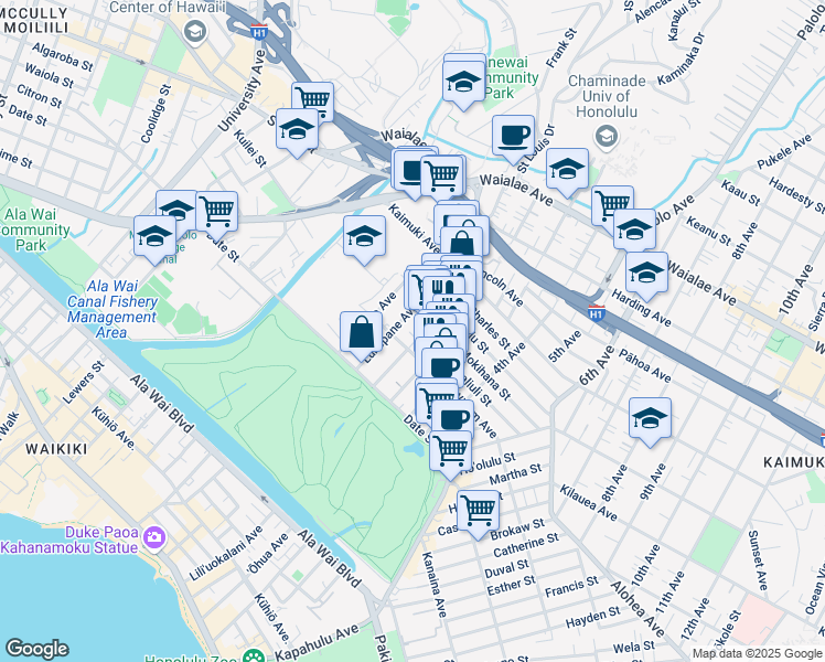map of restaurants, bars, coffee shops, grocery stores, and more near 821 Ekela Avenue in Honolulu