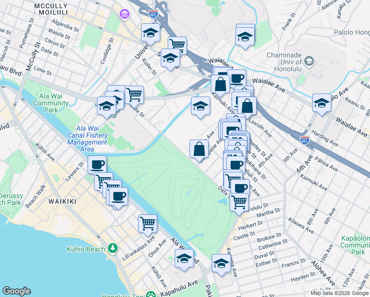 map of restaurants, bars, coffee shops, grocery stores, and more near 724D Olokele Avenue in Honolulu