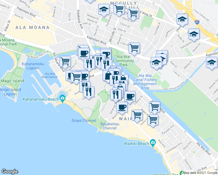 map of restaurants, bars, coffee shops, grocery stores, and more near 2058 Maluhia Road in Honolulu