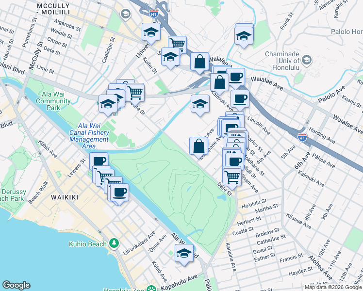 map of restaurants, bars, coffee shops, grocery stores, and more near 2724 Date Street in Honolulu