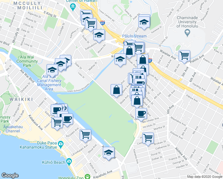 map of restaurants, bars, coffee shops, grocery stores, and more near 724D Olokele Avenue in Honolulu