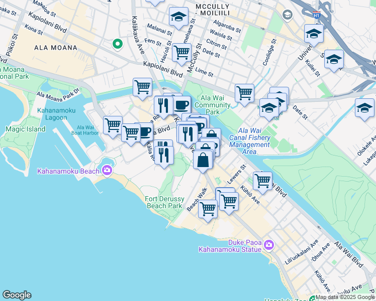 map of restaurants, bars, coffee shops, grocery stores, and more near 2058 Maluhia Road in Honolulu