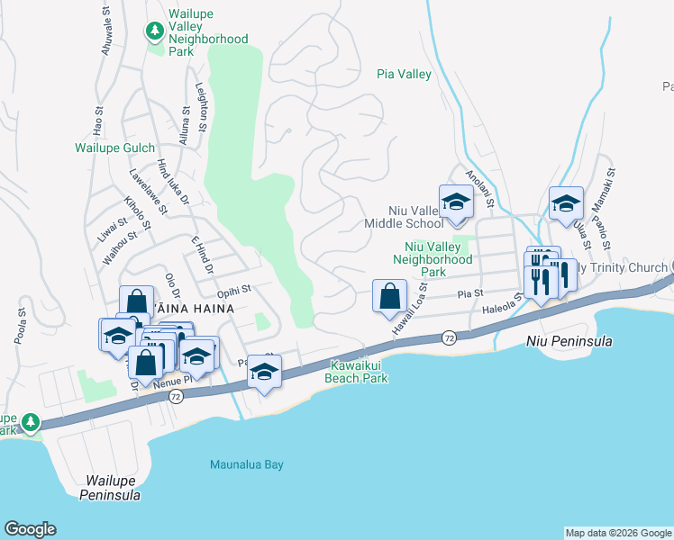 map of restaurants, bars, coffee shops, grocery stores, and more near 352 Lelekepue Place in Honolulu