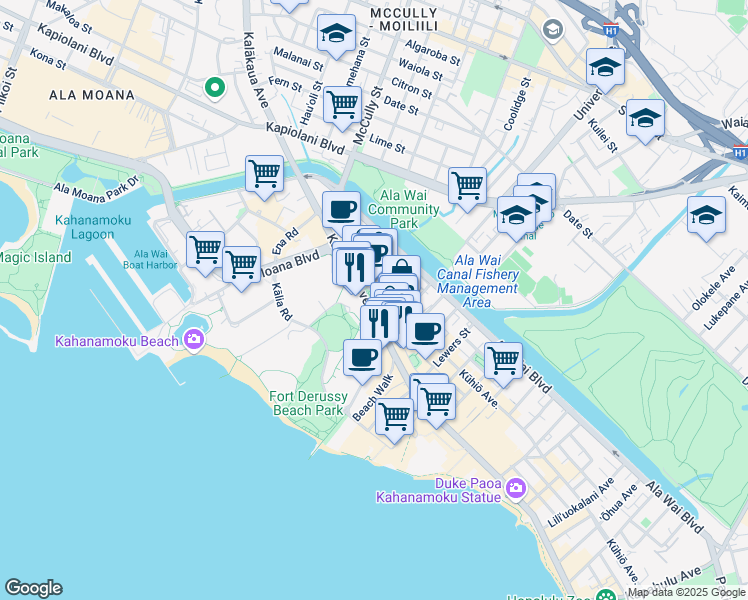 map of restaurants, bars, coffee shops, grocery stores, and more near 2054 Kalakaua Avenue in Honolulu