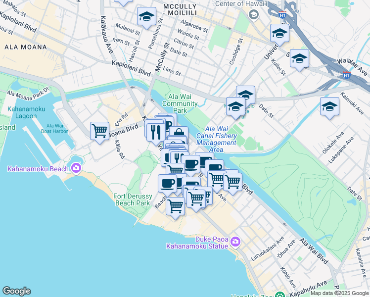 map of restaurants, bars, coffee shops, grocery stores, and more near 421 ʻOlohana Street in Honolulu