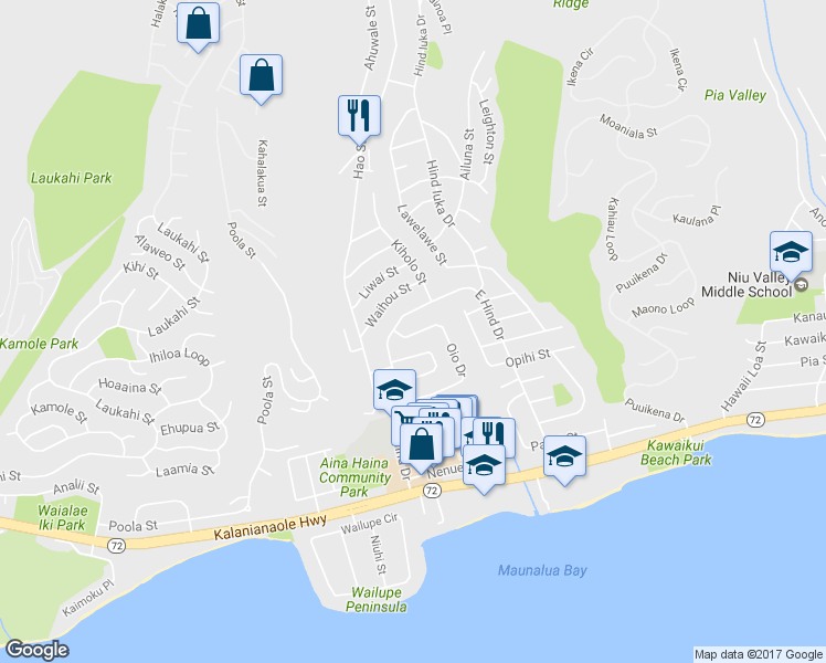 map of restaurants, bars, coffee shops, grocery stores, and more near 5429 Oio Drive in Honolulu