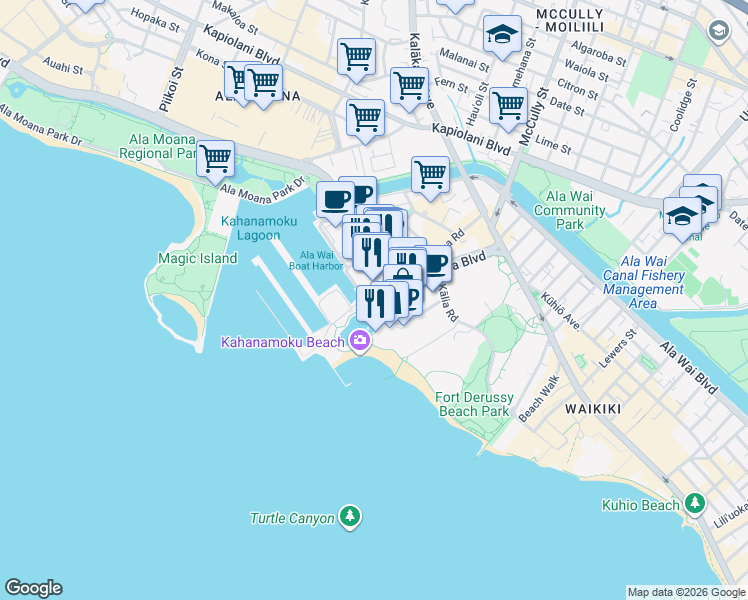 map of restaurants, bars, coffee shops, grocery stores, and more near 18 Kahanamoku Street in Honolulu