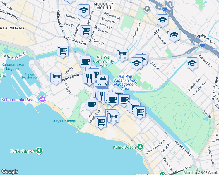 map of restaurants, bars, coffee shops, grocery stores, and more near in Honolulu