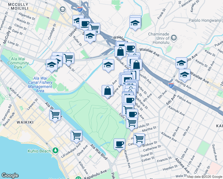 map of restaurants, bars, coffee shops, grocery stores, and more near 2811 Winam Avenue in Honolulu
