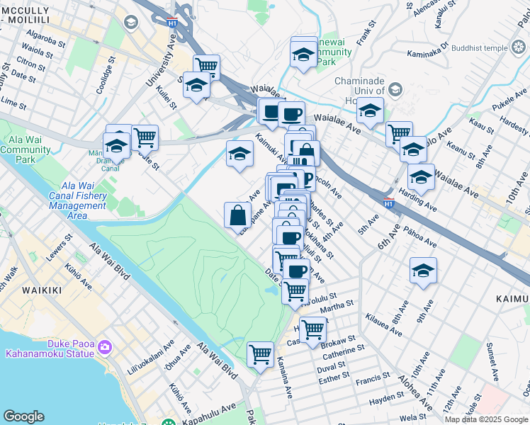 map of restaurants, bars, coffee shops, grocery stores, and more near 817 Lukepane Avenue in Honolulu
