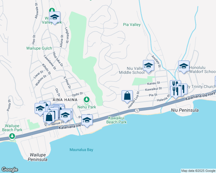 map of restaurants, bars, coffee shops, grocery stores, and more near 352 Lelekepue Place in Honolulu