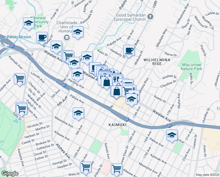 map of restaurants, bars, coffee shops, grocery stores, and more near 3465 Waialae Avenue in Honolulu