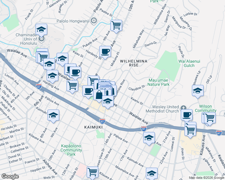 map of restaurants, bars, coffee shops, grocery stores, and more near 1252 Wilhelmina Rise in Honolulu