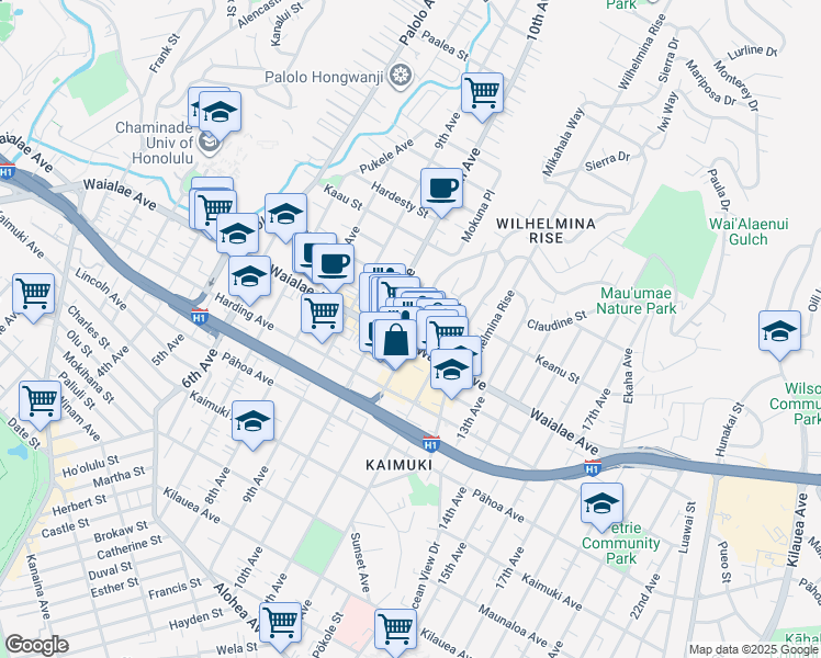 map of restaurants, bars, coffee shops, grocery stores, and more near 3546 Waialae Avenue in Honolulu