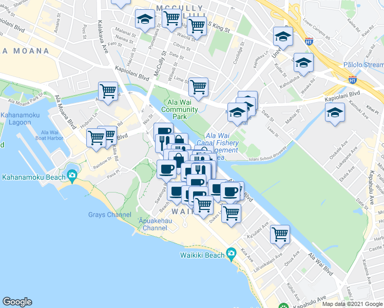 map of restaurants, bars, coffee shops, grocery stores, and more near 2121 Ala Wai Boulevard in Honolulu