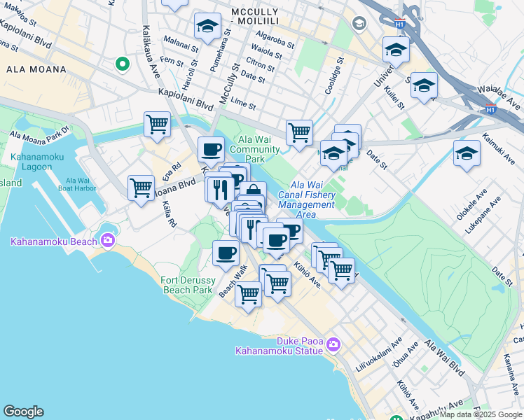 map of restaurants, bars, coffee shops, grocery stores, and more near 417 ʻOlohana Street in Honolulu