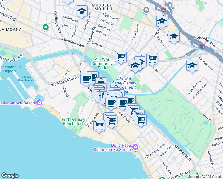 map of restaurants, bars, coffee shops, grocery stores, and more near 2121 Ala Wai Boulevard in Honolulu